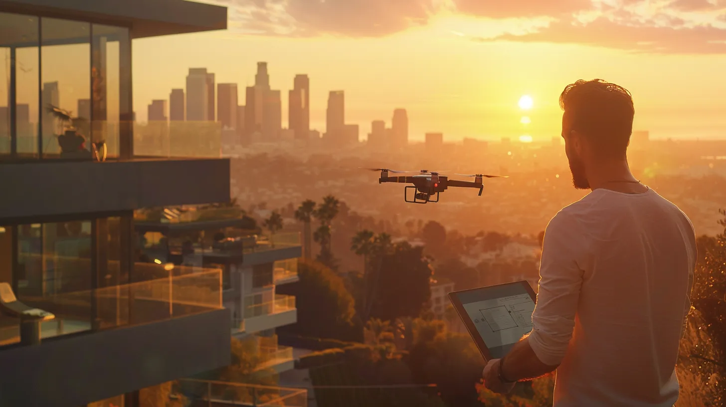 a sleek drone hovers above a modern cityscape, capturing vibrant aerial shots of upscale properties while a real estate professional reviews a detailed shot plan on a digital tablet against a backdrop of tall buildings.